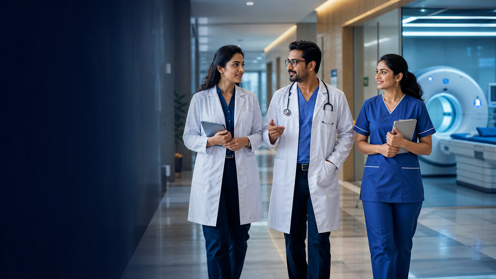 A multidisciplinary medical team in a modern hospital diagnostic facility