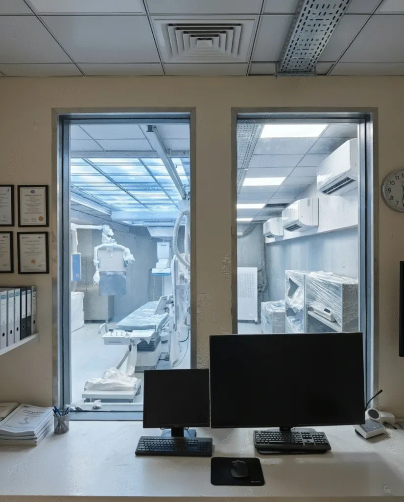 Digital angiography suite viewed from the Cath Lab control area at Apaxis Hospitals
